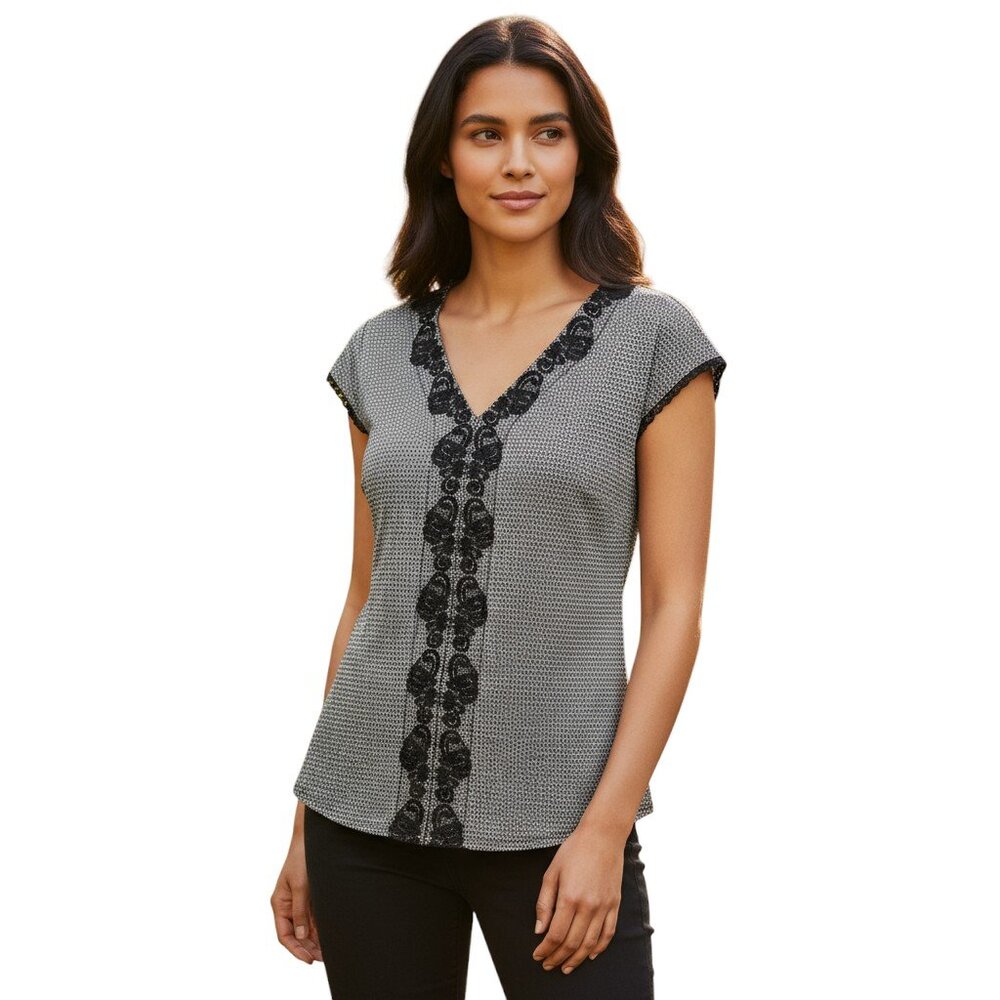 Nine West Silk Blouse Womens Medium Black Gray Lace Trim Workwear Chic
